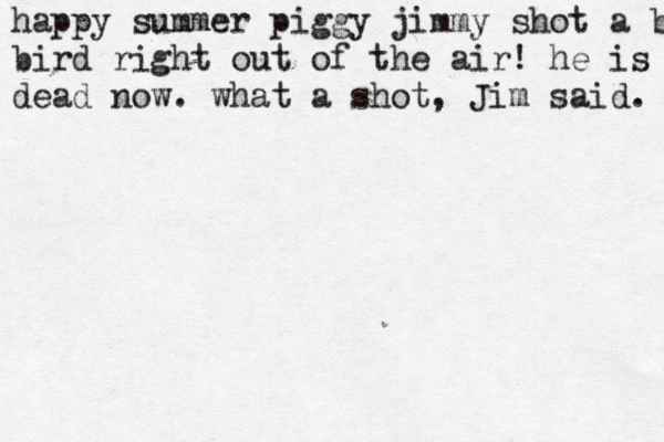 happy summer piggy jimmy shot a bir bird right out of the air! he is dead now. what a shot, Jim said. 