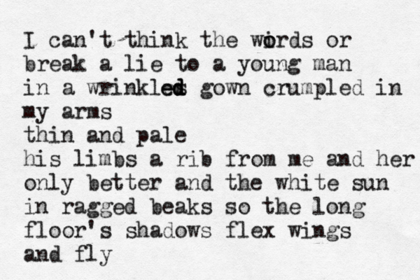 I can't think the wi o ords or break a lie to a young man in a wrinkles gown crumpled in my arms thin and pale his limbs a rib from me and her only better and the white sun in ragged beaks so the long floor's shadows flex wings and fly d d e ed 