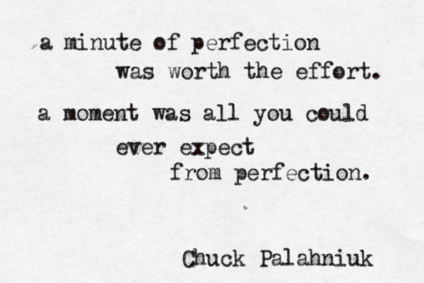a minute of perfection was worth the effort. a moment was all you could ever expect from perfection. Chuck Palahniuk 