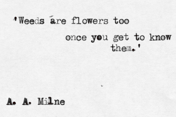 Weeds are flowers too once you get to know them.' ' A. A. Milne 