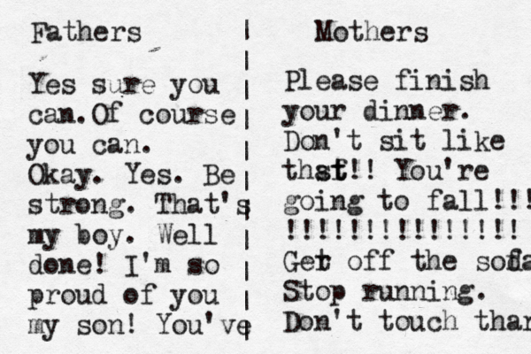 Fathers | Mothers | | | | | | | | | | Yes sure you can.Of course you can. Okay. Yes. Be strong. That's my boy. Well done! I'm so proud of you my son! You've Please finish your dinner. Don't sit like thsf at t!! You're going to fall!!! !!!!!!!!!!!!!!! Ger t off the sod fa Stop running. Don't touch thar 