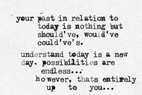 our y past in relation to today is nothing but should've, would've could've's. understand today is a new day. possibilities are endless... o h wever, thats entirely up to you...