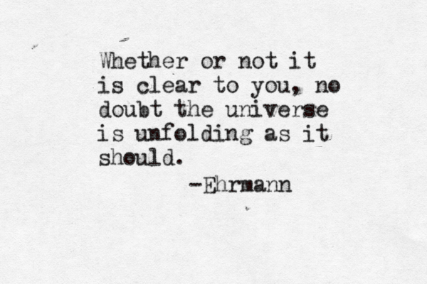 Whether or not it is clear to you, no doubt the universe is unfolding as it should. -Ehrmann