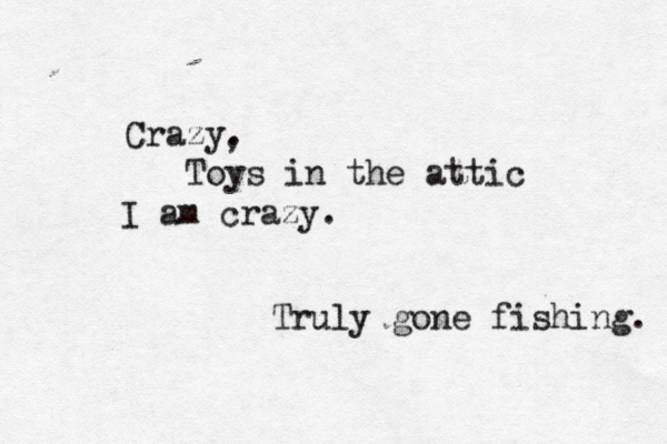 Crazy. , Toys in the attic I am crazy. Truly gone fishing. 
