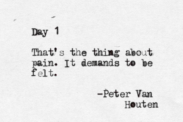 Day 1 That's the thing about pain. It demands to be felt. -Peter Van Houten 
