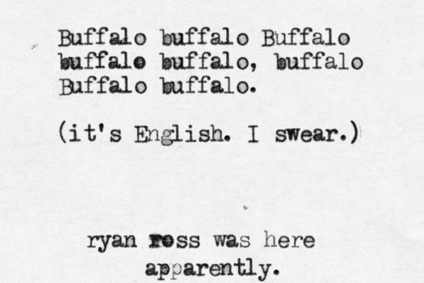 Buffalo buffalo Buffalo buffalo buffalo, buffalo Buffalo buffalo. (it's English. I swear.) ryan ross was here apparently. 