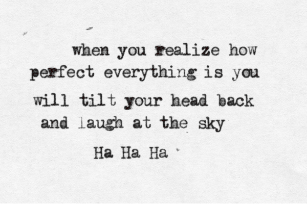 when you realize how perfect everything is you will tilt your head back and laugh at the sky Ha Ha Ha 