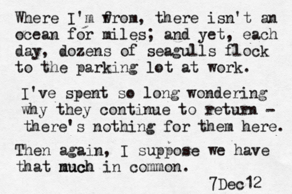 Where I'm w from , there isn't an ocean for miles; and yet, each day, dozens of seagulls flock to the parking lot at work. I've spent so long wondering why they continue to return - there's nothing for them here. Then again, I suppose we have that nuch m much in common. 7Dec12 