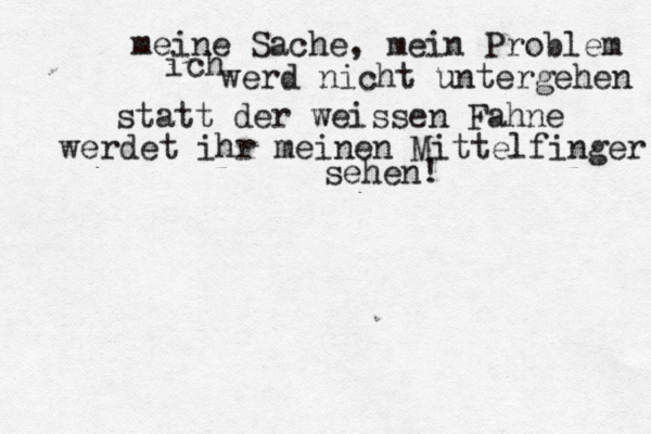 meine Sache, mein Problem ich werd nicht untergehen statt der weiß ssen Fahne werdet ihr meinen Mittelfinger sehen!