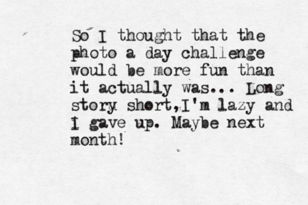 So I thought that the photo a day challenge would be more fun than it actually was... Long storu y short,I'm lazy and i I gave up. Maybe next month! 
