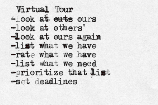Virtual Tour -look at outs ---- ours -look at others' -look at ours again -list what we have -rate what we have -list what we need -prioritize that list -set deadlines