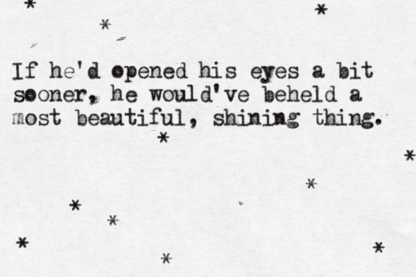 If he'd opened his eyes a bit sooner, he would've beheld a most beautiful, shining thing. * * * * * * * * * * * 