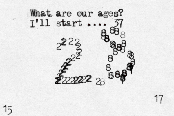 What are our ages? I'll start .... 37 17 15 2 122222222222222222222222222 8 8888888888788888777888888888888 28