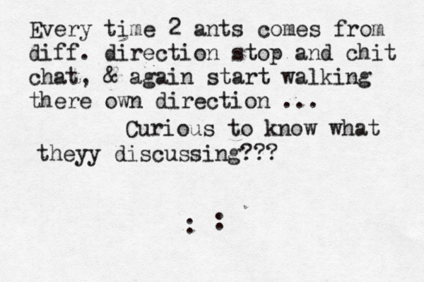 Every time 2 ants comes from diff. direction stop and chit chat , & again start walking there own direction ... Curious to know what theyy discussing??? : :