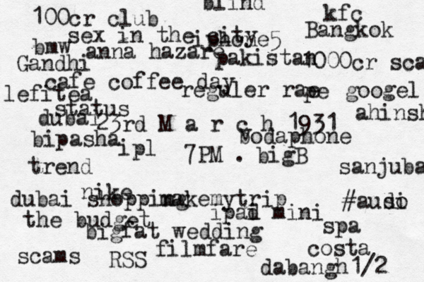 23rd M a r c h 1931 7PM . iphone5 ipad i mini cafe coffee day costa nike 1000cr scam sanjubab 100cr club reguler rae pe kfc ipl trend status bigfat wedding bodaphone v bigB sex in the city makemytrip bmw #auso di dubai dubai shopping googel spa Bangkok anna hazare filmfare the budget scams RSS Gandhi pakistan ahinsha bipasha dabangh1/2 lefitea blind 
