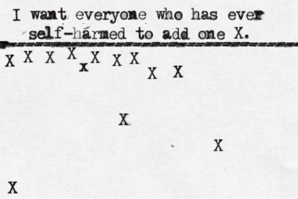 I want everyone who has ever self-harmed to add one X . ------------------------------------- X - - - ---------------------------------- X X X X X X X X X X X x