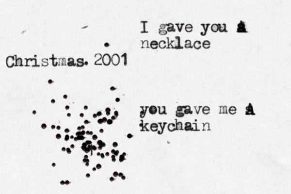 •••• ................................ .....................|.... .............................…........................ I gave you s a A necklace you gave me s A A keychain Christmas 2001