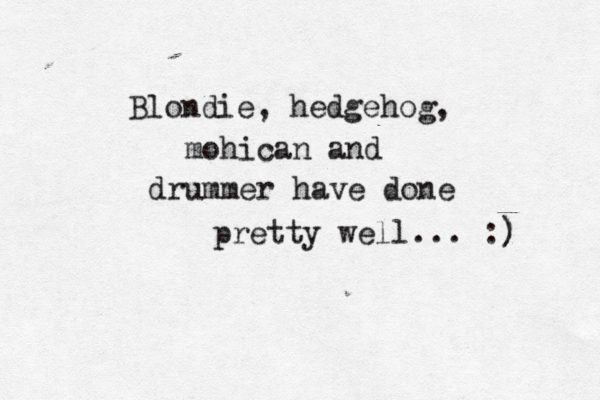 Blondie, hedgehog, mohican and drummer have done pretty well... :) ) 