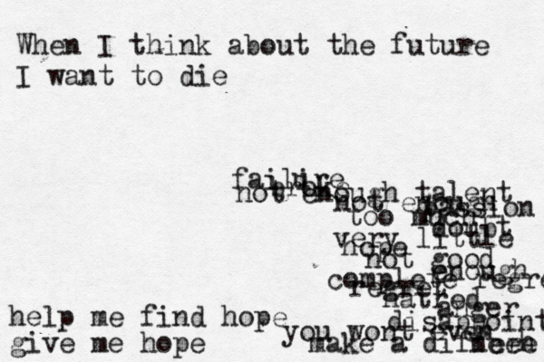 When I think about the future I want to die failire u broke not enough talent not enough passion too much doubt very little hope not good enough complete regret regret hatred anger disappoint you wont even make a differe nceh give me hope help me find hope 