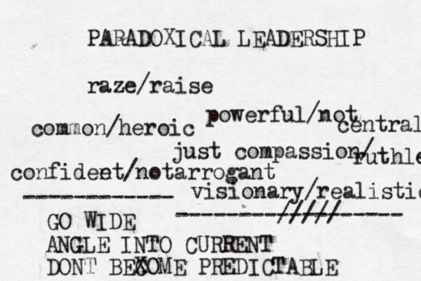 PARADOXICAL LEADERSHIP raze/raise powerful/not central common/heroic just compassion/ ruthless confidee nt/notarrogant visionary/realistic ------------ --------///// ---------- GO WIDE ANGLE INTO CURRENT DO NT BEX COME PREDICTABLE 