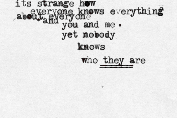 its strange hw o ow everyone knows everythinf g g about everyone and you and me yet nobody knows who they are . ______ ______ . 