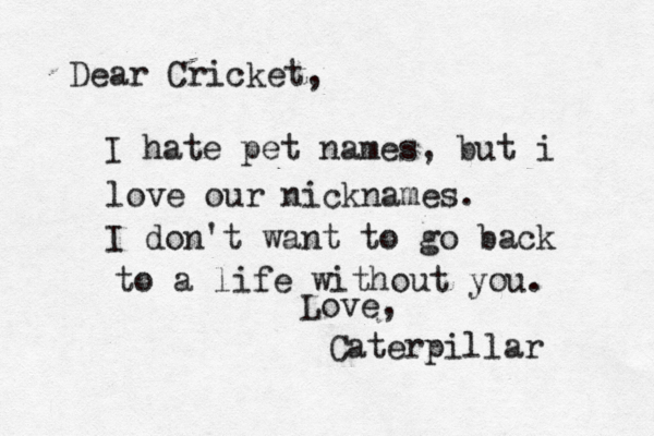 Dear Cricket, I hate pet names, but i love our nicknames . I don't want to go back to a life without you. Love, Caterpillar 