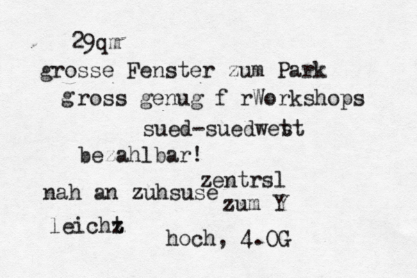 29qm grosse Fenster zum Park g ross genug fürWorkshops sued-suedwet st bezahlbar! zentrsl nah an zuhsuse zum Y leichz t hoch, 4.OG 