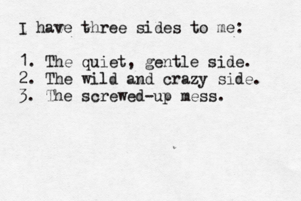 I have three sides to me: 1. The quiet, gentle side. 2. The wild and crazy side. 3. The screwed -up mess. 
