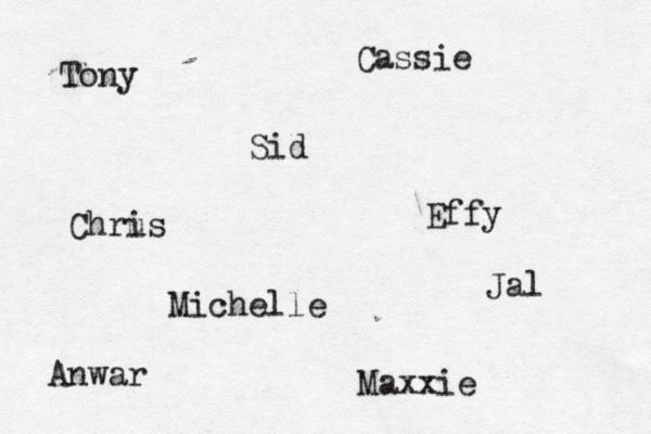 Tony Cassie Sid Effy Chru is Michelle Maxxie Jal Anwar 