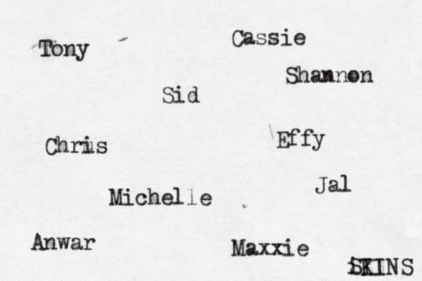 Tony Cassie Sid Effy Chru is Michelle Maxxie Jal Anwar Shannon i SI KINS 