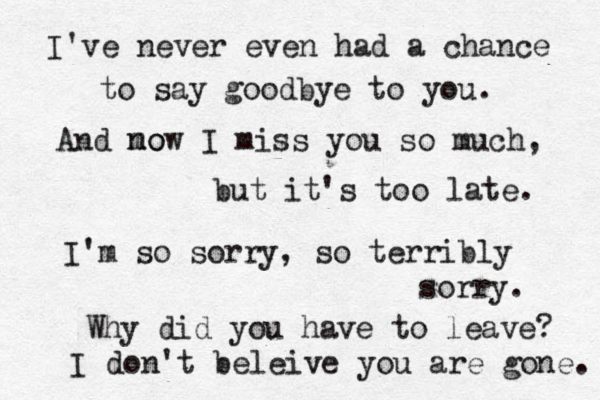 I've never even had a chance to say goodbye to you. And mo now I miss you so much, but it's too late. I'm so sorry, so terribly sorry. Why did you have to leave? I don't beleive you are gone. 