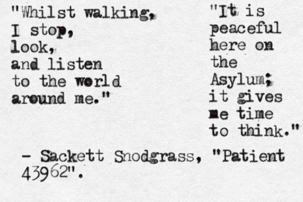 "Whilst walking, I stop, look, and listen to the world around me." "It is peaceful here on the Asylum; it gives me time to think." - Sackett Snodgrass, "Patient 43962".