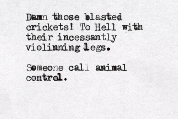 Damn those blasted crickets! To Hell with their incessantly violinning legs. Someone call animal control.