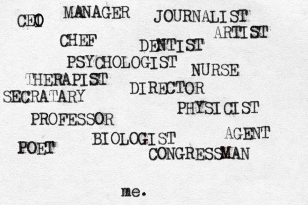 CEI O O JOURNALIST CHEF DENTIST THERAPIST NURSE DIRECTOR PROFESSOR PHYSICIST BIOLOGIST POET AGENT CONGRESSMAN MANAGER SECRATARY PSYCHOLOGIST me. ARTIST 