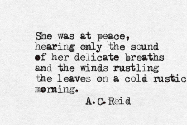 She was at peace, hearing only the sound of her delicate breaths and the winds rustling the leaves on a cold rustic morning. A.C.Reid 