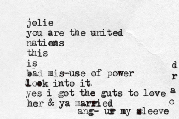 jolie you are the united nations this is bad mis-use of power look into it yes i got the guts to love her & ya married ang- ur my sleeve c a r d 