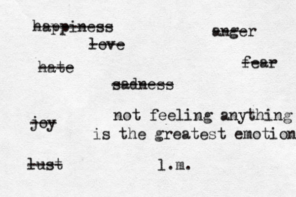 happiness --------- love ---- hate ---- sadness ------- joy --- anger ---- not feeling anything is the greates t emotion l.m. lust ---- fear ---- 