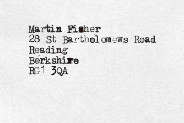 Martin Fisher 28 St Bartholomews Road Reading Berkshire RG1 3QA 