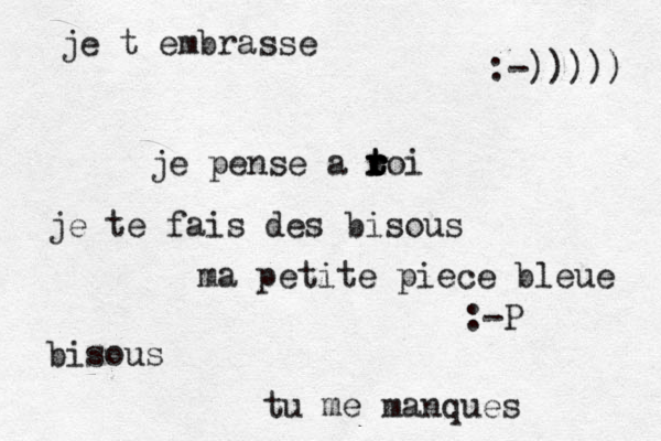 ma petite piece bleue tu me manques je pense a roi t t r t r r je t embrasse bisous :-))))) je te fais des bisous :-P 