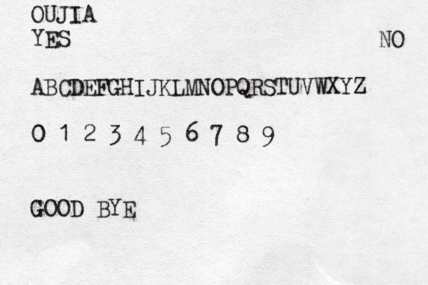 OUJIA YES NO ABCDEFGHIJKLMNOPQRSTUVWXYZ Z 0 0 1 2 3 4 5 6 7 8 9 GOOD BYE 