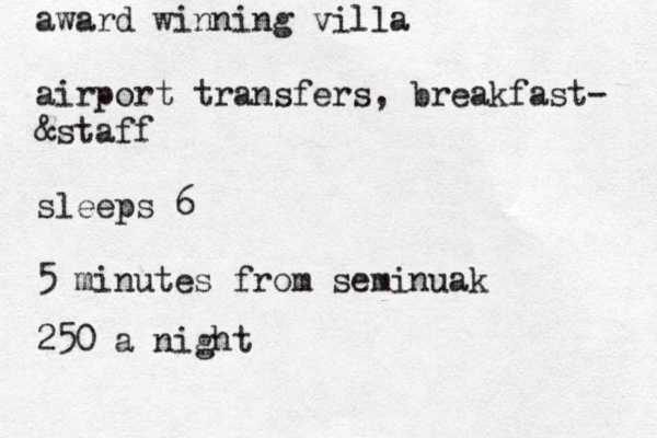 award winning villa airport transfers , breakfast- &staff sleeps 6 5 minutes from seminuak 250 a night 