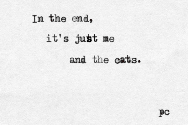 In the end, it's jut s s st t me and the cats. s pc 