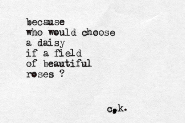 because who would choose a daisy if a field of beautiful roses ? c, . . . . . . . , . . . . . . . . k.