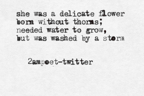 she was a delicate flower born without thorns; needed water to grow, but was washed by a storm 2ampoet-twitter 