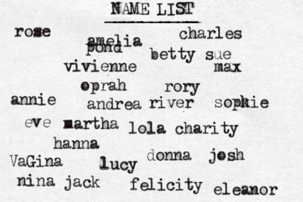 NAME LIST rose vivienne lola charity eve max lucy oprah charles josh nina felicity rory __________ hanna annie sopk hie eleanor andrea amelia betty sue VaGina martha donna jack river pond 