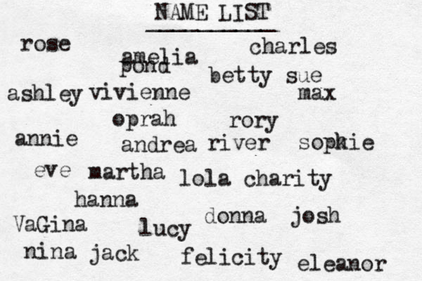 NAME LIST rose vivienne lola charity eve max lucy oprah charles josh nina felicity rory __________ hanna annie sopk hie eleanor andrea amelia betty sue VaGina martha donna jack river pond ashley