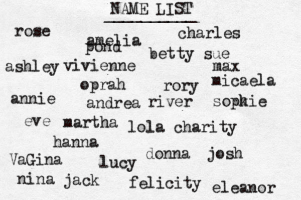 NAME LIST rose vivienne lola charity eve max lucy oprah charles josh nina felicity rory __________ hanna annie sopk hie eleanor andrea amelia betty sue VaGina martha donna jack river pond ashley micaela 