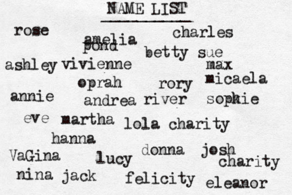 NAME LIST rose vivienne lola charity eve max lucy oprah charles josh nina felicity rory __________ hanna annie sopk hie eleanor andrea amelia betty sue VaGina martha donna jack river pond ashley micaela charity 