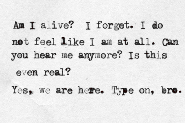 Am I alive? I forget. I do not feel like I am at all. Can you hear me anymore? Is this even real? Yes, we are here. Type on, bro. 