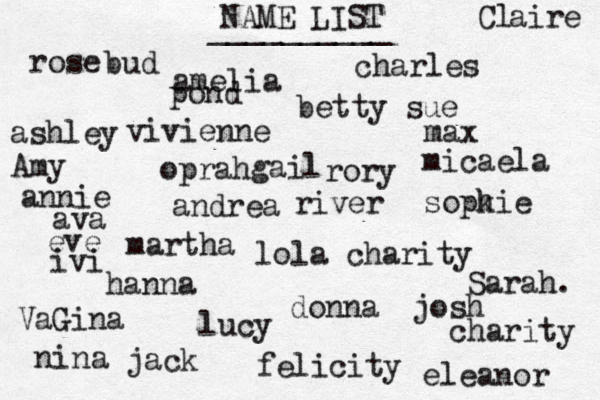 NAME LIST rose vivienne lola charity eve max lucy oprah charles josh nina felicity rory __________ hanna annie sopk hie eleanor andrea amelia betty sue VaGina martha donna jack river pond ashley micaela charity gail Sarah. bud ava ivi Cl aire Amy 